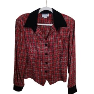 Expose Vintage Red Plaid Black Velvet Collar Equestrian Blouse Size MP